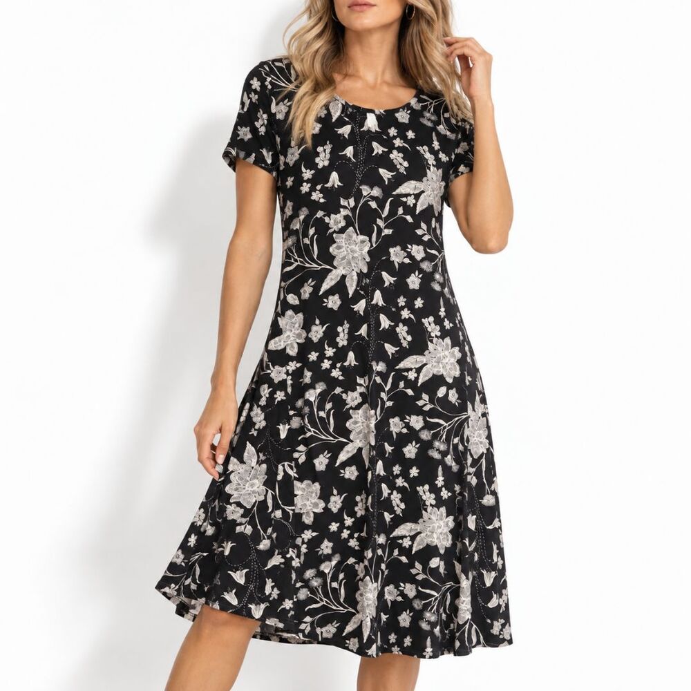 Old Navy Dress Medium Tall Black Floral Midi Short Sleeve A-Line NWT Stretch